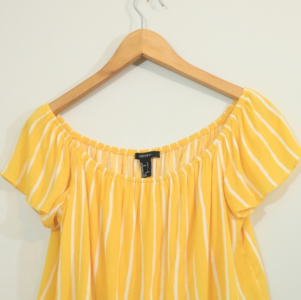 Forever 21 Yellow Striped Gauzy Off Shoulder Crop Top - Picture 2 of 7